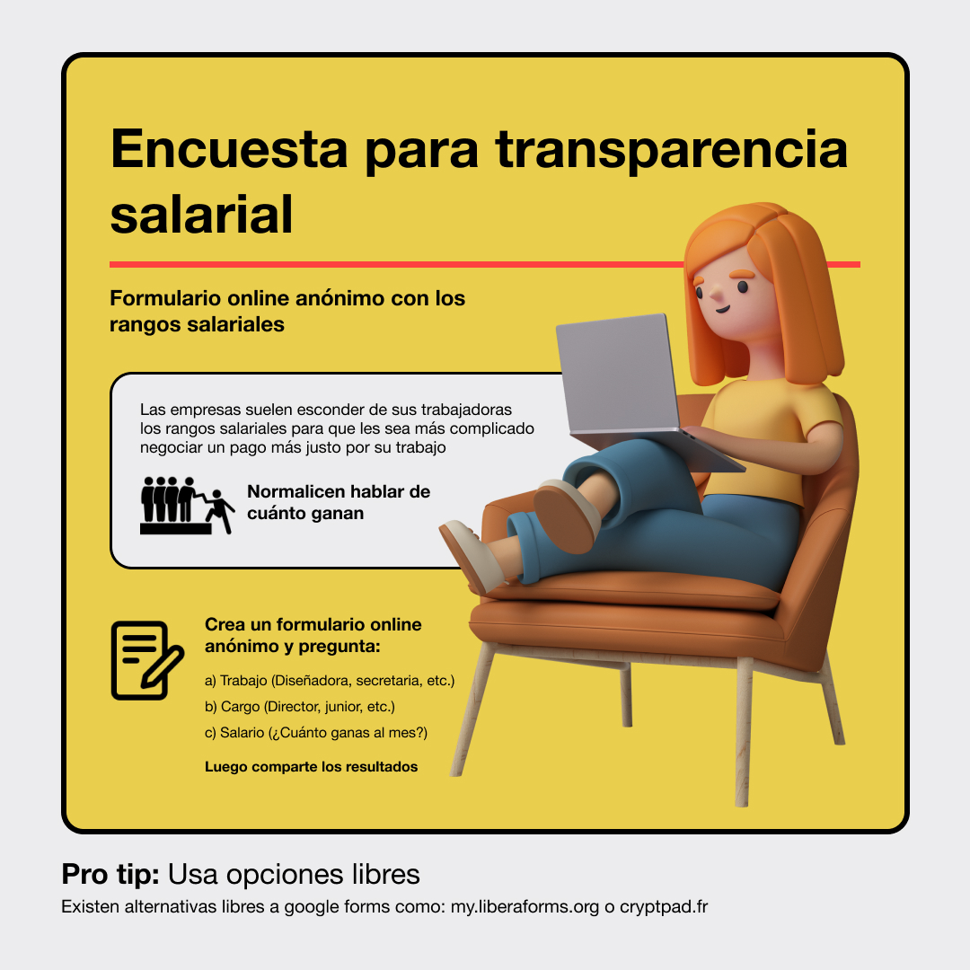 Banner con una ilustración en 3D de una mujer sentada con una computadora en su regazo. El diseño es minimalista con un fondo amarillo y el texto lee: Encuesta para transparencia salarial. Formulario online anónimo con los rangos salariales. Las empresas suelen esconder de sus trabajadoras los rangos salariales para que les sea más complicado negociar un pago más justo por su trabajo. Normalicen hablar de cuánto ganan